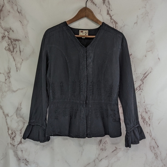 Scully Shirt Womens Large Black Button Up V Neck Ruffle Sleeve Embroidered - Picture 1 of 14